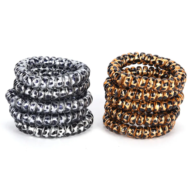 5 Pcs Gold/Silver Leopard Elastic Hairbands Scrunchie Telephone Wire Hairbands Ponytail Holder For Women Girls
