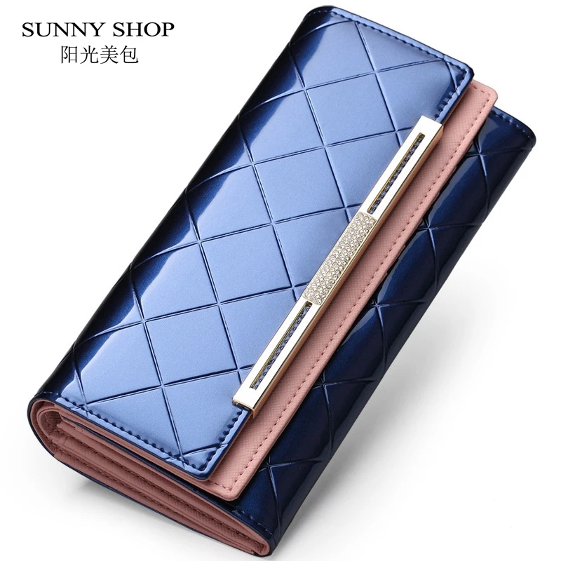 

SUNNY SHOP Wallet Genuine Leather Women Elegant Patent Leather Purse Ladies Long Clutches Bag Credit Card Holder Fashion Luxury