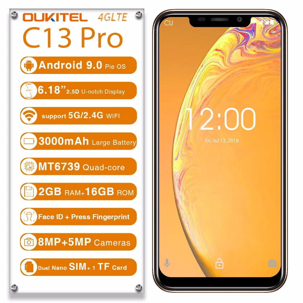 Смартфон Oukitel C13 Pro Face ID 6,1" u-образный дисплей Android 9,0 2 Гб ОЗУ 16 Гб ПЗУ MT6739 четырехъядерный аккумулятор 8MP+ 5MP 4G мобильный телефон