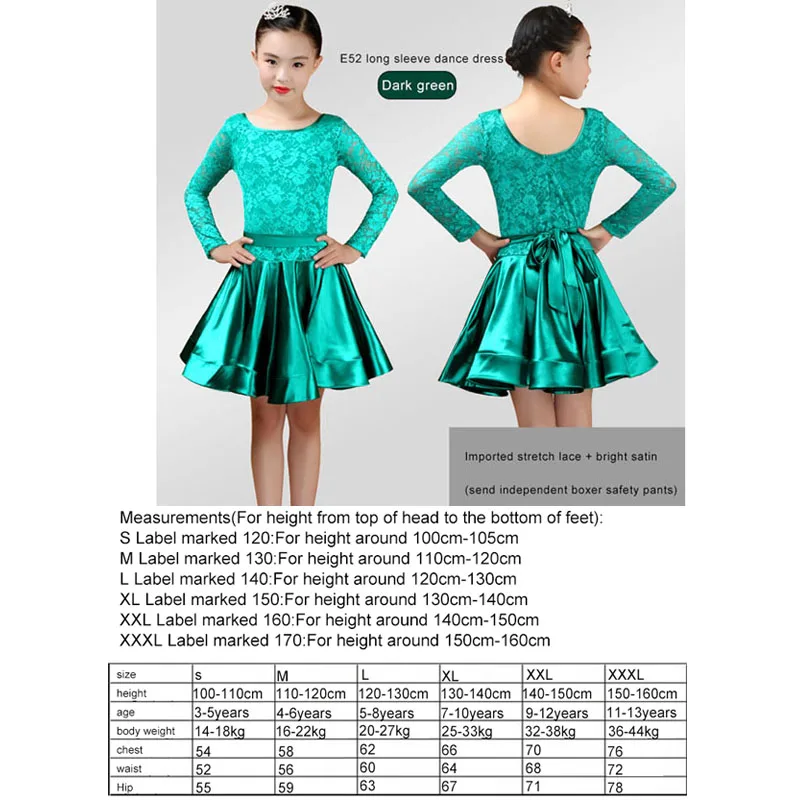 Новое платье для латиноамериканских танцев для девочек, бальная юбка для девочек, платье для девочек, атласная яркая атласная ткань, танцевальная юбка, костюм, танцевальная одежда для соревнований - Цвет: green Long sleeve
