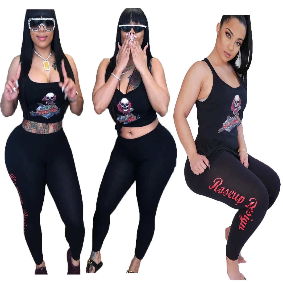 

JH083 Amazon Ali-Express eBay 2019 Foreign Trade Fashion Sexy Rose Skull Sign Two-piece Set 2 piece outfits for women