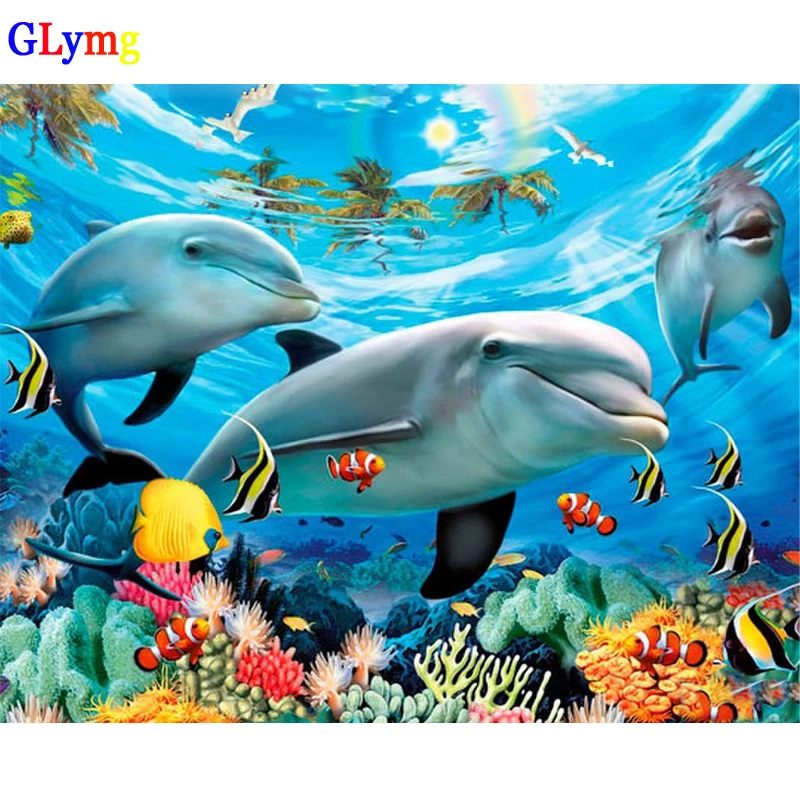 GLymg Diamond Embroidery Underwater World Dolphin Fish Diamond Painting Cross Stitch Children Bedroom Decoration Square Drill