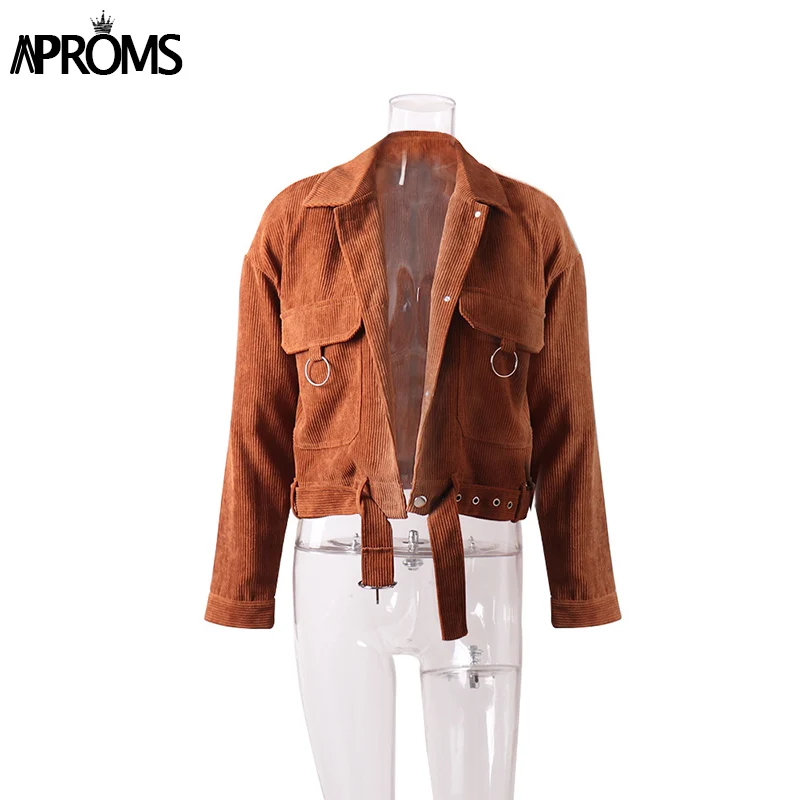 Aproms Vintage Khaki Corduroy Basic Jacket Women Autumn Winter Elegant Belt Oversize Coat Female Street Style Outerwear 2019
