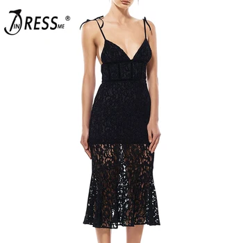 

INDRESSME Women Deep V Lace Bandage Dress Spaghetti Strap Fishtail Party Dress For Lady Fashion Vestidos 2018