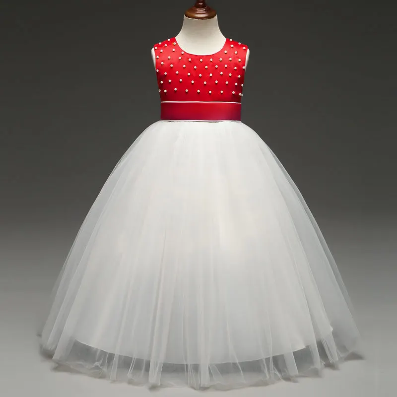 

kids Long Dresses for Girls 4 6 8 10 to 12 Years white mesh Tutu Dress with red Bow pearls Princess Costume plus size dress 2L36