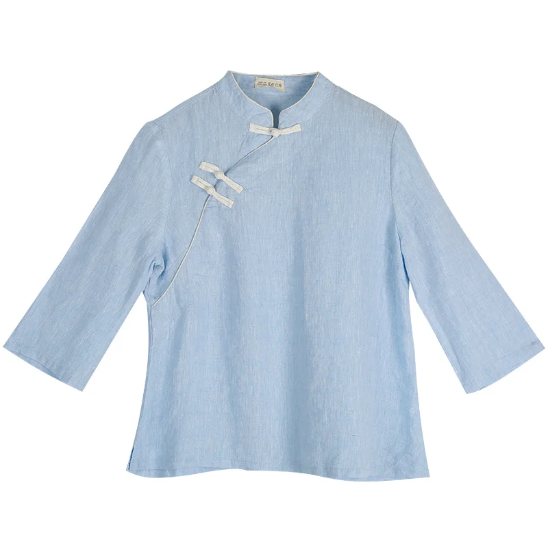 Women's Linen Chinese Style 34 Sleeve Blouse Qipao Top Shirt  (8)