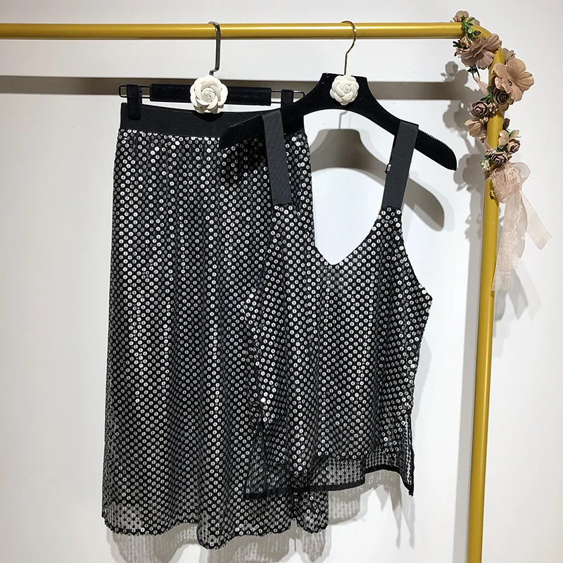

2019 summer women's sexy sequined halter top + high waist pop skirt two-piece suit female