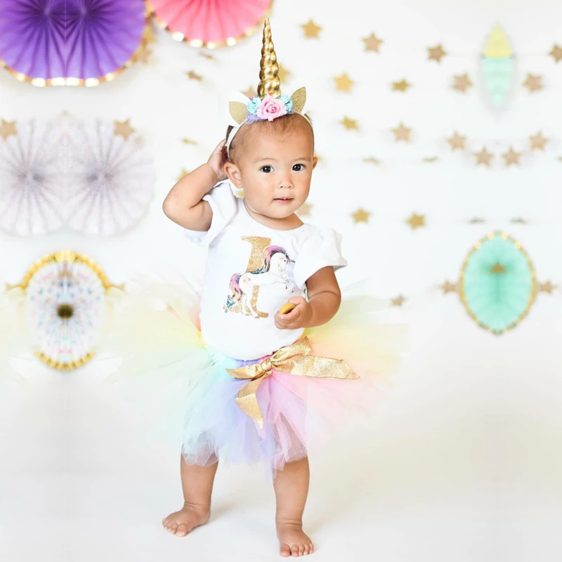 Одежда для малышей и девочек Единорог Платье Костюм для Cake Smash Радужное платье принцессы с юбкой-пачкой, 1 год платье для дня рождения, костюм на возраст от 12 мес