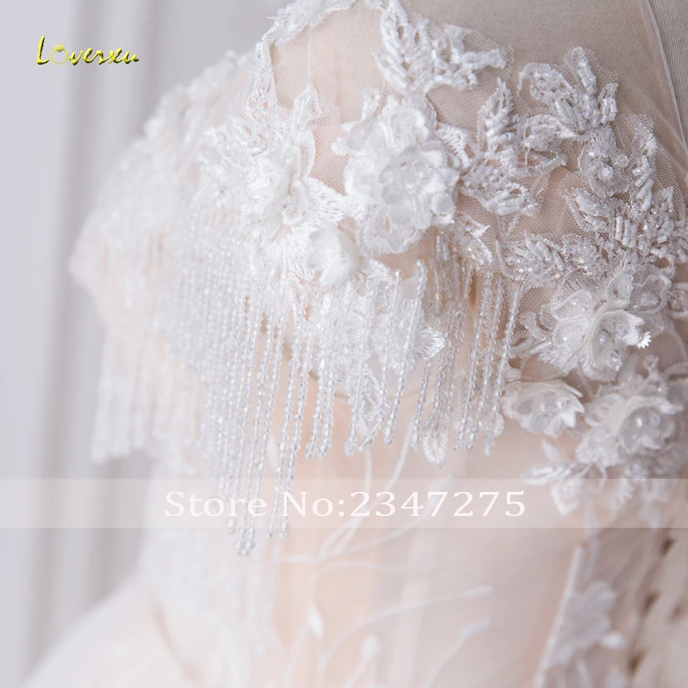 Loverxu Vestido De Noiva кружевное бальное платье с кисточками, свадебное платье, роскошное с коротким рукавом аппликации из бисера, часовня, свадебное платье с длинным подолом