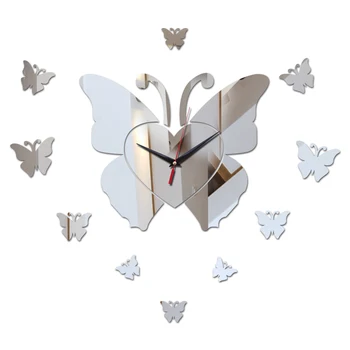 

New fashion butterfly-shaped dial decor wall watches mirror acrylic diy wall clocks butterfly decor living room wall watch