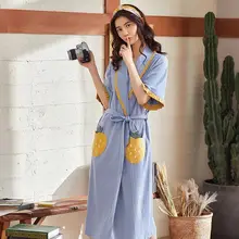 Халат для сна, женское тонкое хлопковое летнее Новое домашнее платье, утреннее платье с коротким рукавом, длинный банный халат с клубничкой, завязанный с сексуальной пижамой