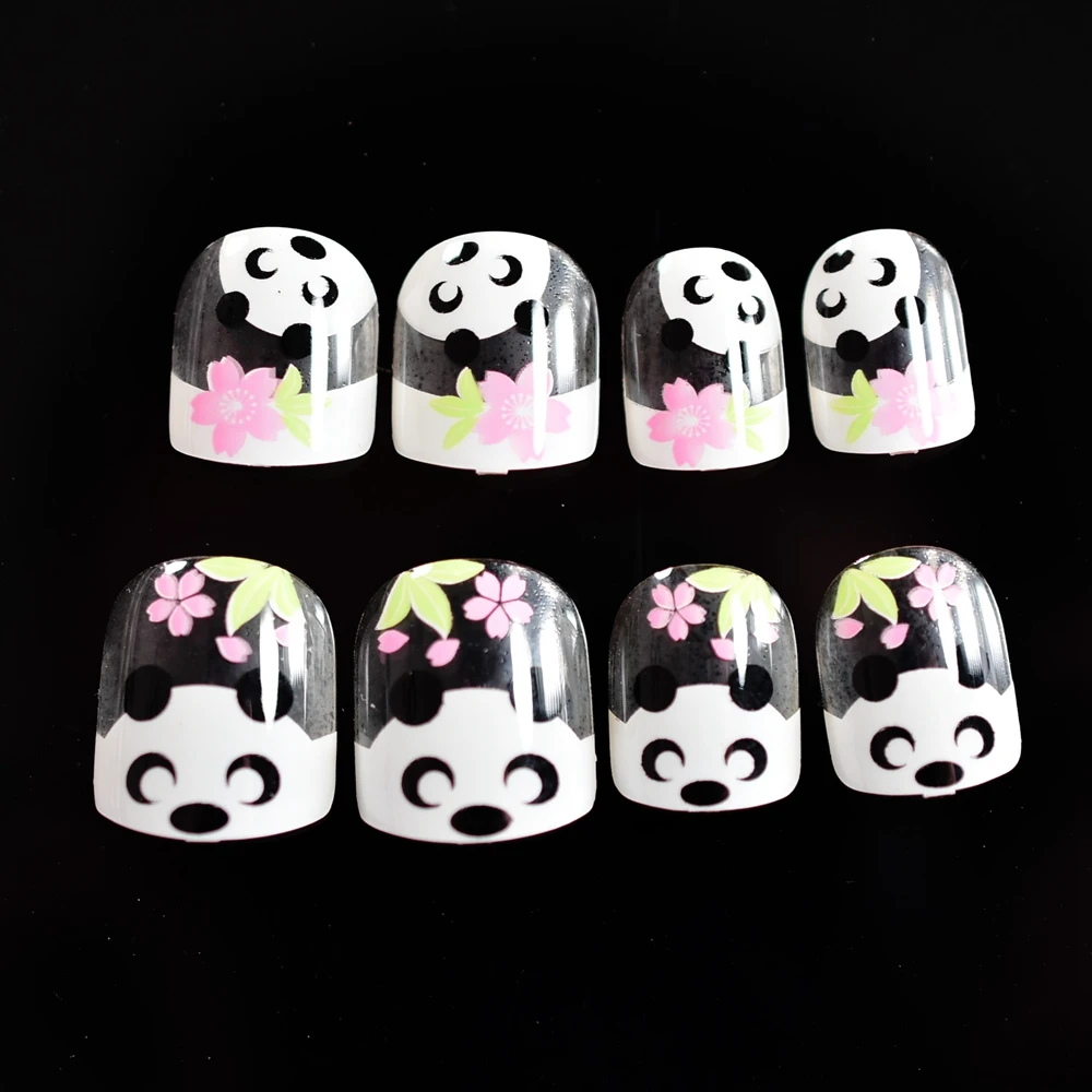 

24pcs Kids Clear White French False Nail Tips Baby Panda Bamboo Pink Flowers Fake Nails Art Full Cover Nail for Girls Children