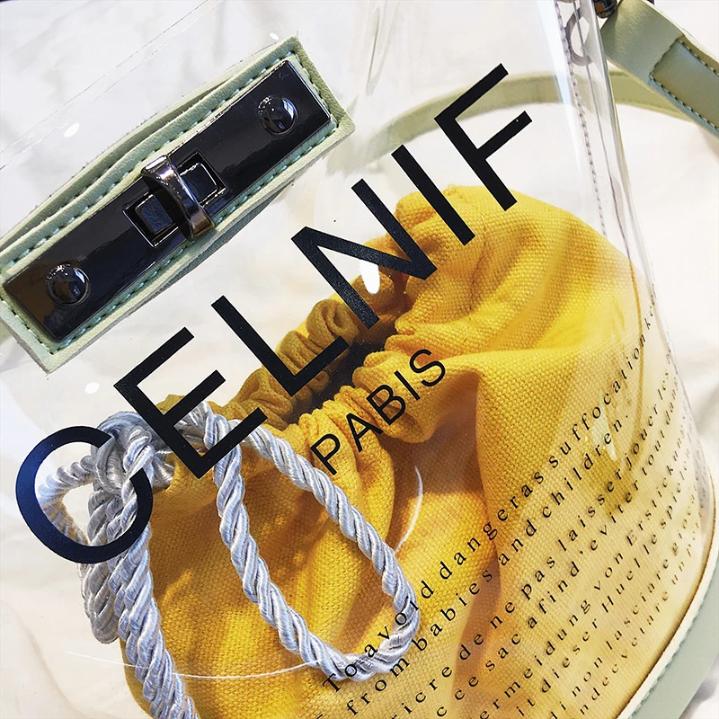 Summer New Fashion Bag Transparent Letters Solid Color Inner Bag Large Capacity Bucket Bag Shoulder Diagonal Ladies Bag