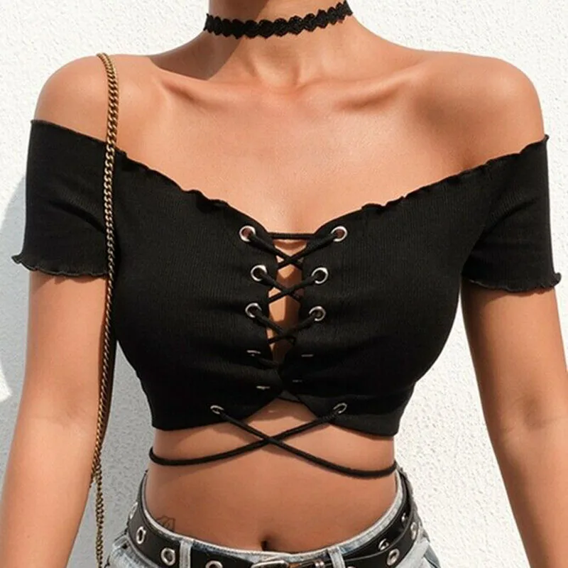 

Women Summer Sexy Bandage Crop top Elegant Short Sleeve tank Off Shoulder Tee Ladies V Neck tunique femme Dames Streetwear