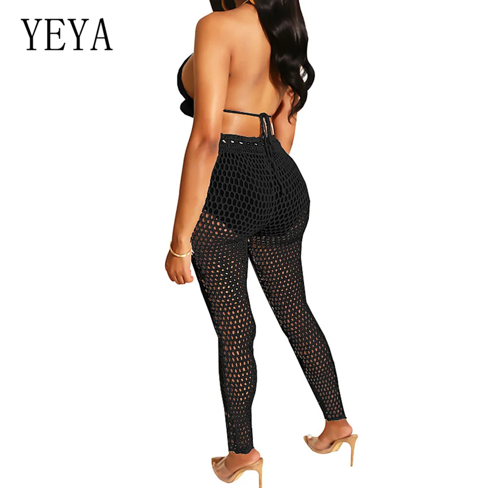 YEYA Summer Two Pieces Sets Tassel Strap Playsuits Elegant Hollow Out Grid See Through Jumpsuits Sexy Open Back Beach Overalls