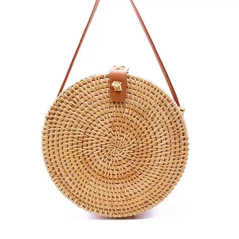 

LJL-Bohemian Bali Rattan Bags For Women Small Circle Beach Handbags Summer Vintage Straw Bag Handmade Messenger Bag(18x8Cm)