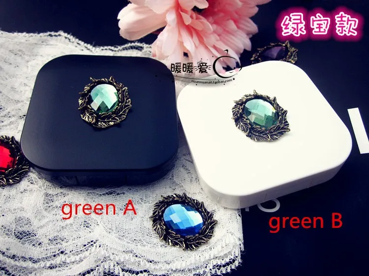 

LIUSVENTINA Handmade DIY Cute Alloy Olive Leaf Green Gemstone Contact Lens Case With Mirror Box Container for Color Lenses