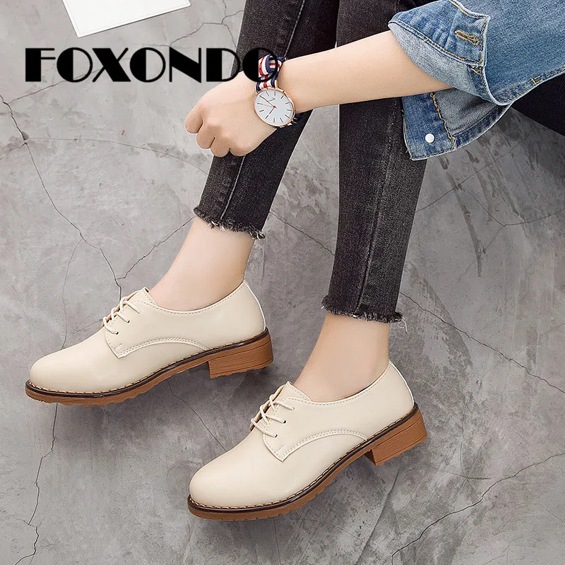 

FOXONDO 2019 Autumn New Flat Platform Shoes Woman Oxfords Genuine Leather Lace Up Flats Shoes Female Casual Creepers Heels Shoes