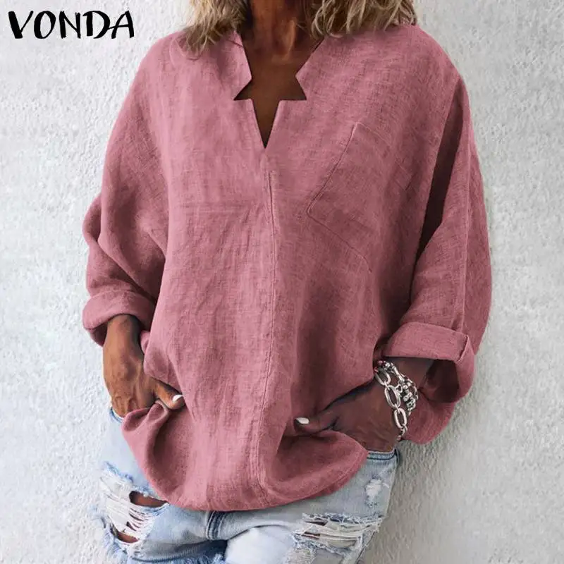 VONDA, 6 цветов, Женская винтажная блуза, Повседневная рубашка,, осень, длинный рукав, v-образный вырез, топы, OL Blusas, Пляжная Женская Туника размера плюс