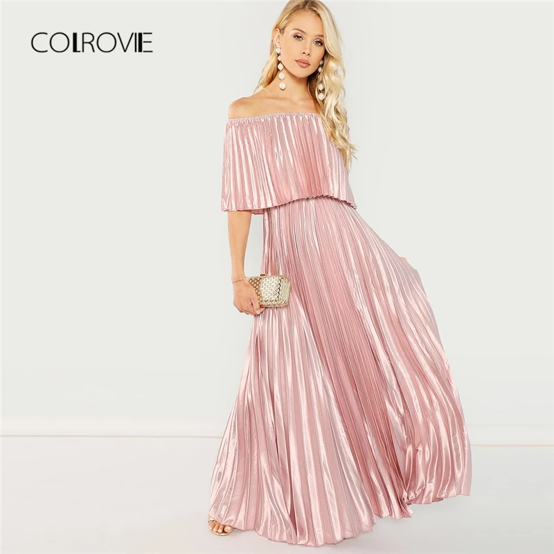 

COLROVIE Pink Off the Shoulder Flounce Pleated Satin Girls Sexy Dress Women 2018 Autumn Party Dress Club Elegant Maxi Dresses
