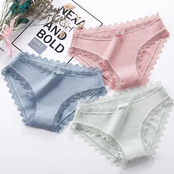 

Roseheart 2019 New Women Fashion Cotton Lace Bow Low Waist Women Panties Underwear Lingerie Women Briefs 3 Piece 3 Color M L XL