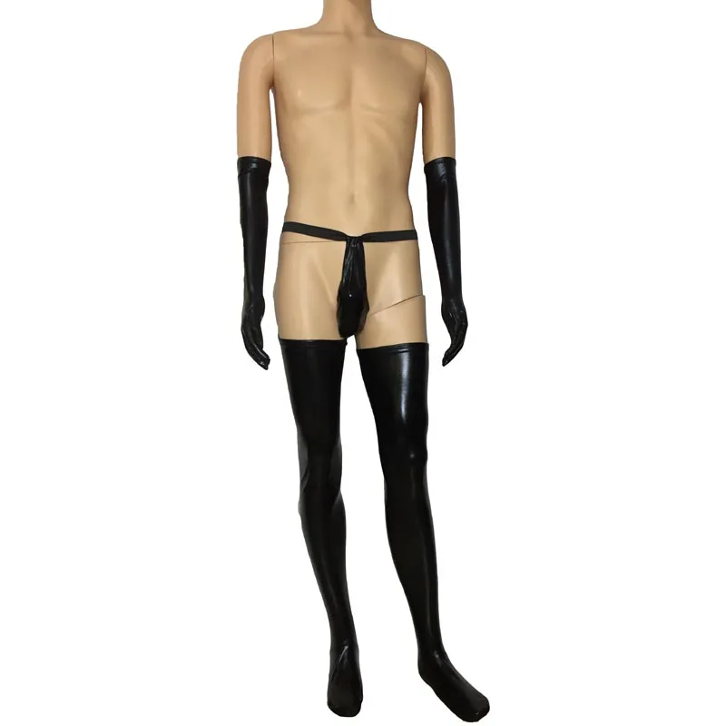 

Adult Male Wet Look Shiny Long Gloves, Thigh High Stockings and G-String Lingerie Set Sissy Gay Fetish Costume