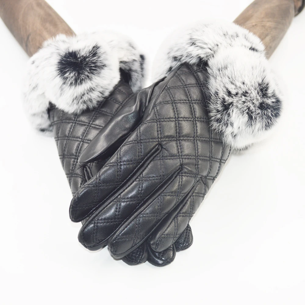 Real Rex Rabbit fur Leather Gloves Women Black Sheepskin Genuine Leather Gloves Winter Warm Soft Sheepskin Leather Gloves