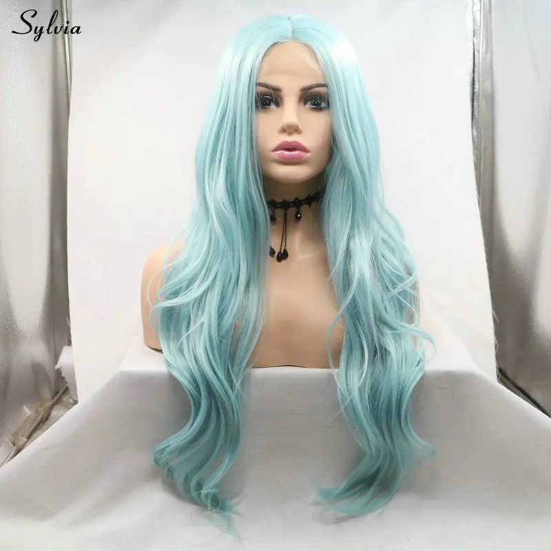 Sylvia U-part Длинные Синтетические волосы синий зеленый/белый блонд/медный красный/Блонд Омбре 5 цветов Короткий кружевной передний парик женские парики - Цвет: Blue