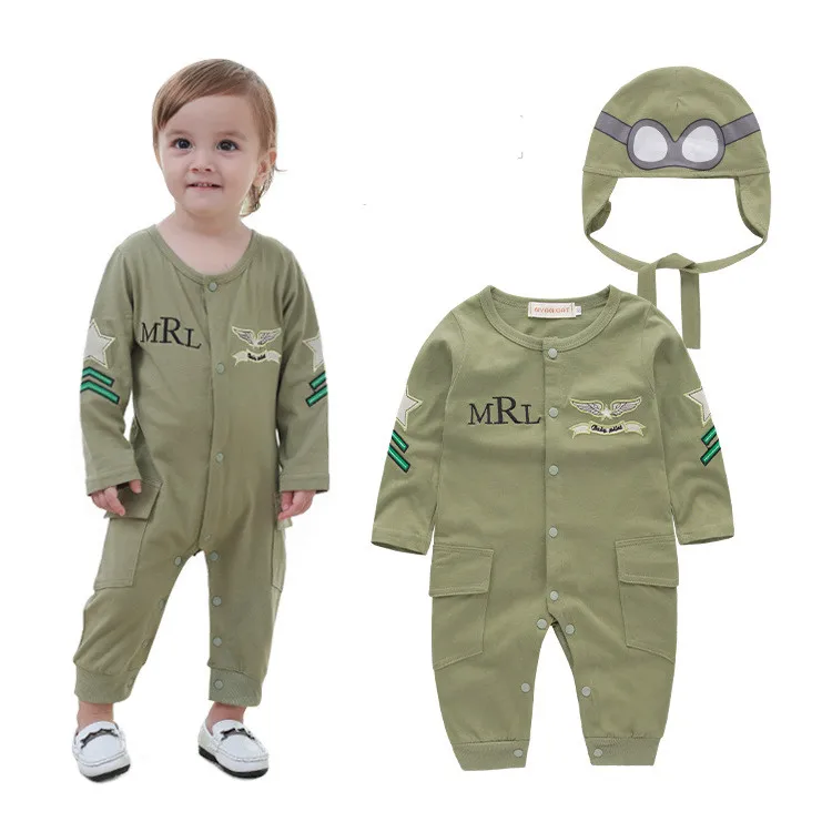 

Baby Boy Infant Green Full Sleeves Pilot Aviator Romper+Hat 2pcs Set Playsuit Outfit Jumpsuit Rompers Cotton Costume