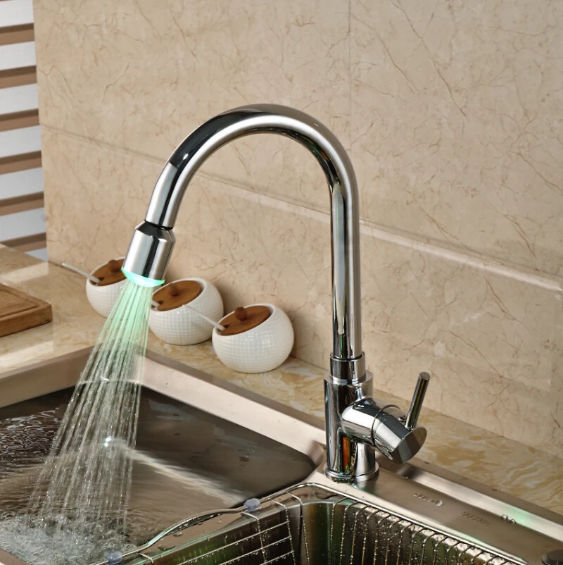 Luxury Color Changing LED Kitchen Mixer Taps Deck Mount One Hole Brass