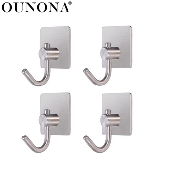 

OUNONA 4pcs Self Adhesive Wall Hook Stainless Steel Heavy Duty Coat Towel Key Hat Hanging Hanger for Bathroom Kitchen Toilet