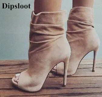 

Dipsloot 2018 Beige Suede Leather Slip-on Woman Ankle Boots Summer Peep Toe High Heels Shoes Woman Gladiator Sandals Boots