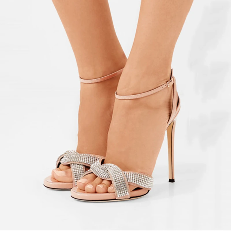 

Eunice Choo Crystal Buckle Strap PU Leather Women Sandals High Heels Nude Party Women Pumps Cross Design Fashion Ladies Shoes