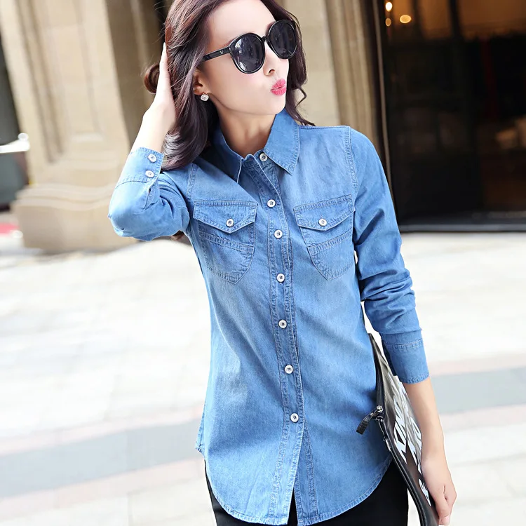 

#2972 2019 Spring Slim Fit Cotton Cowboy Denim Shirt Women Long Sleeve Single Breasted Lapel Collar Jeans Shirt Vintage Elegant