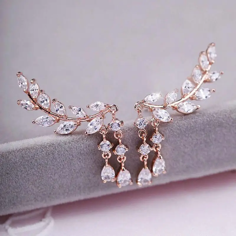 

Bling Gold Silver Plated Crystal Leaves Zircon Earrings
