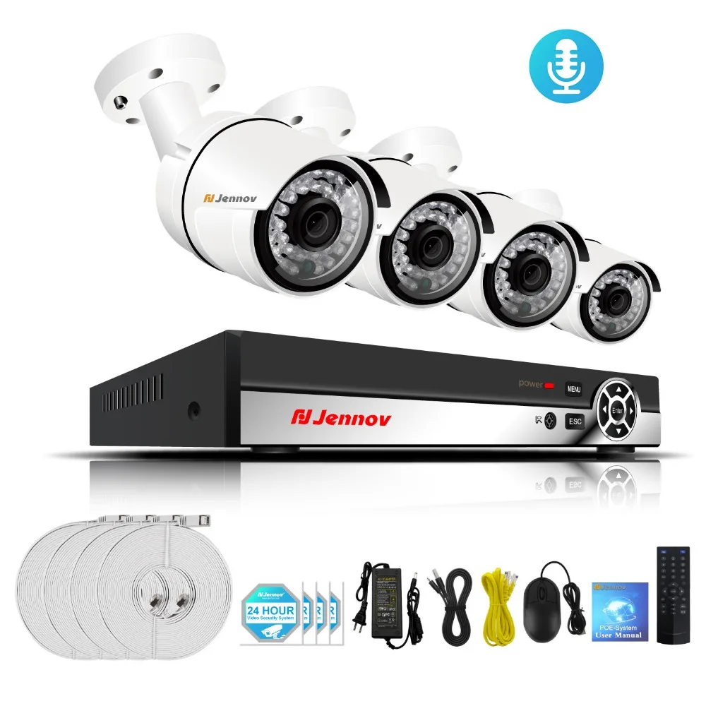 

1080P 4CH 2MP Video Surveillance Kit POE CCTV Set NVR Waterproof Outdoor Home Security System Audio Reocrd HDMI IR Night Wired