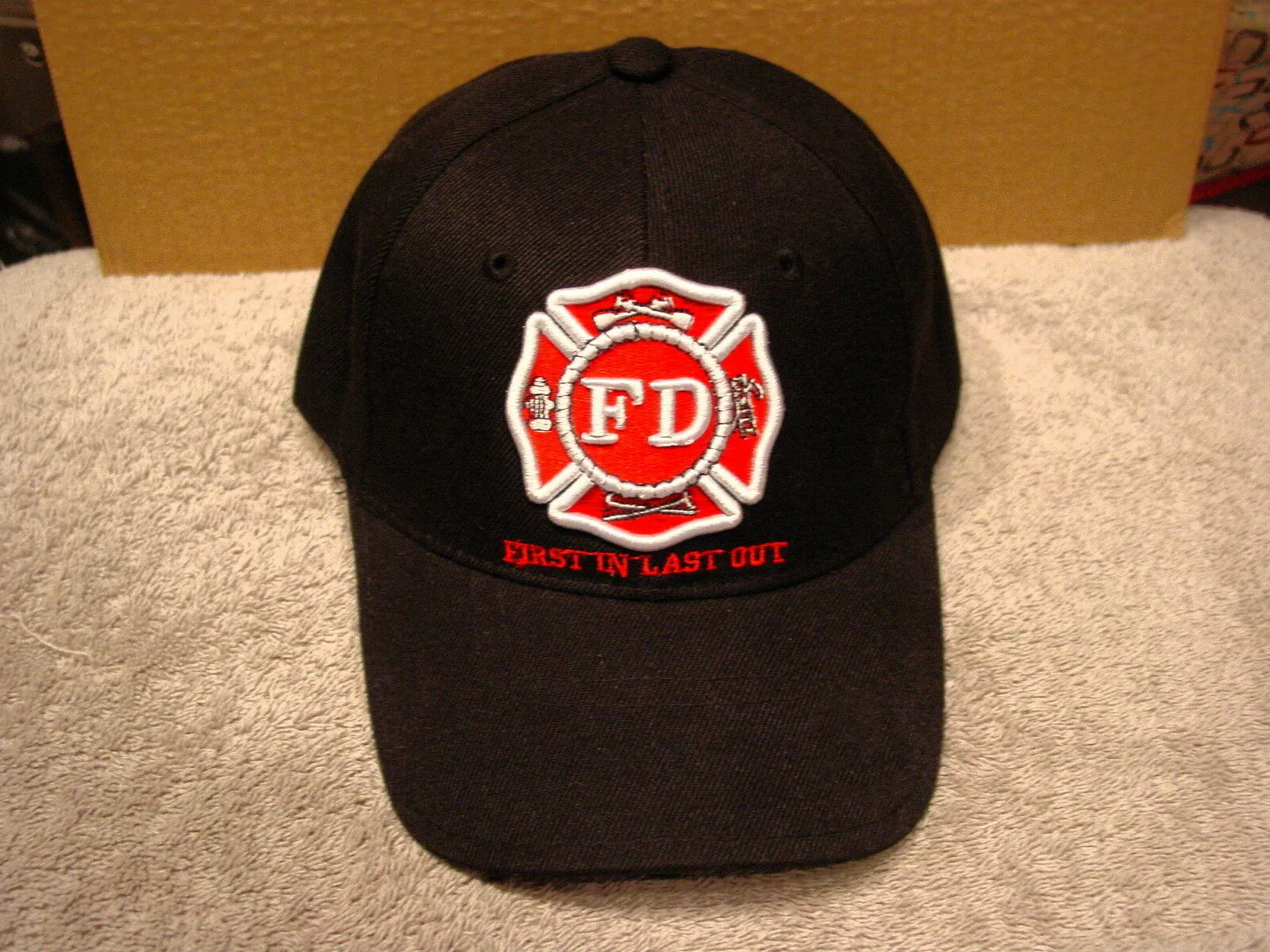 

PRINTING FIRE DEPARTMENT FIRST IN LAST OUT BASEBALL CAP #3 ( BLACK )