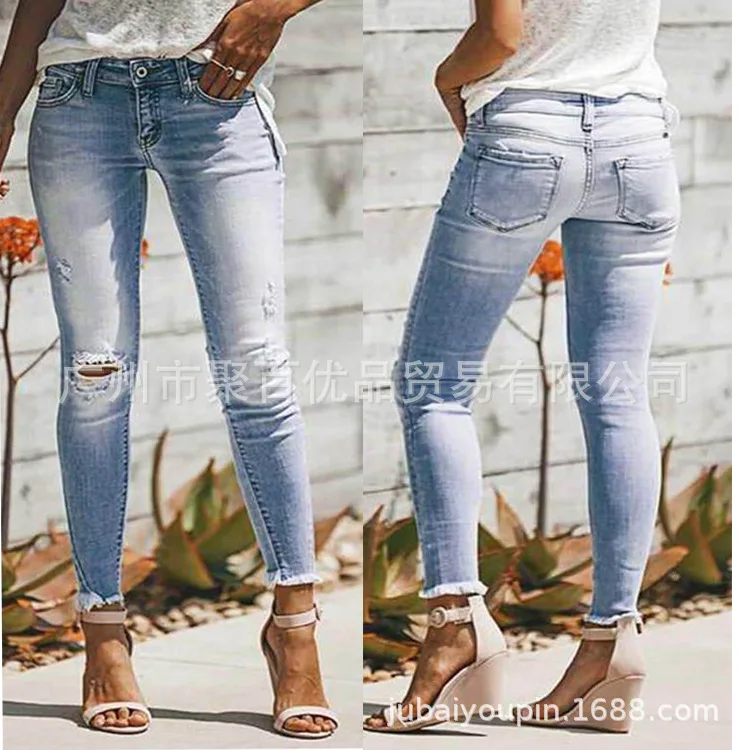 Модные однотонные джинсы женские офисные женские рваные джинсы с высокой талией длиной до щиколотки обтягивающие отбеленные узкие брюки