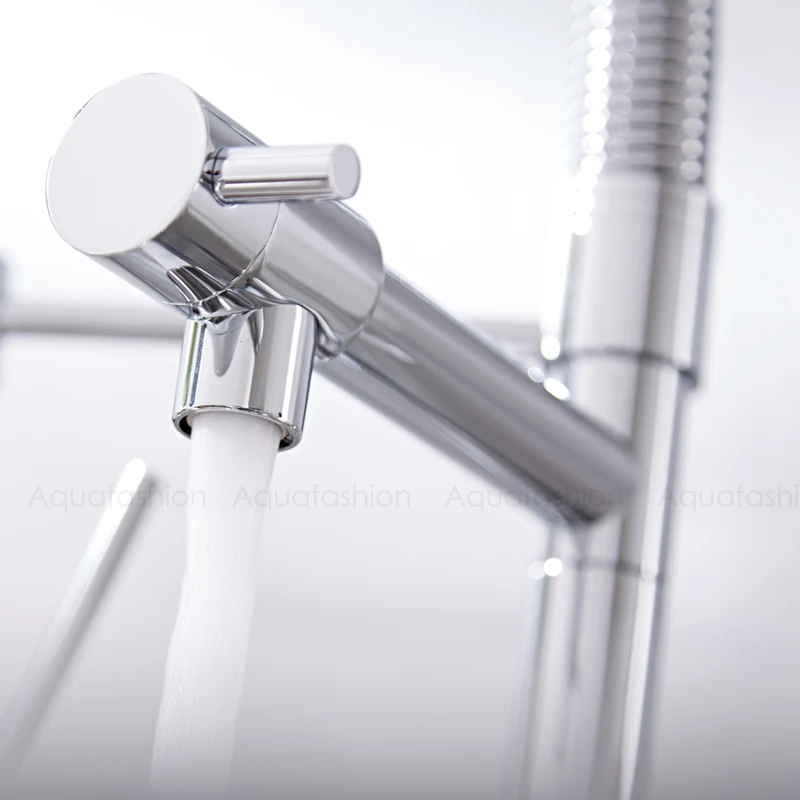 Commercial Style Double Spout Kitchen Faucet Pull Out Spray Sink Faucet Brass Mixer Tap (3)