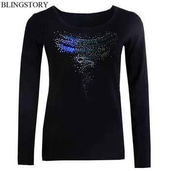 

BLINGSTORY Elegant Plus Size XXXXXXL Long Sleeve 2018 Cotton Tops and T Shirts Womens Tee Tops Casual Diamonds Tee LP5259004
