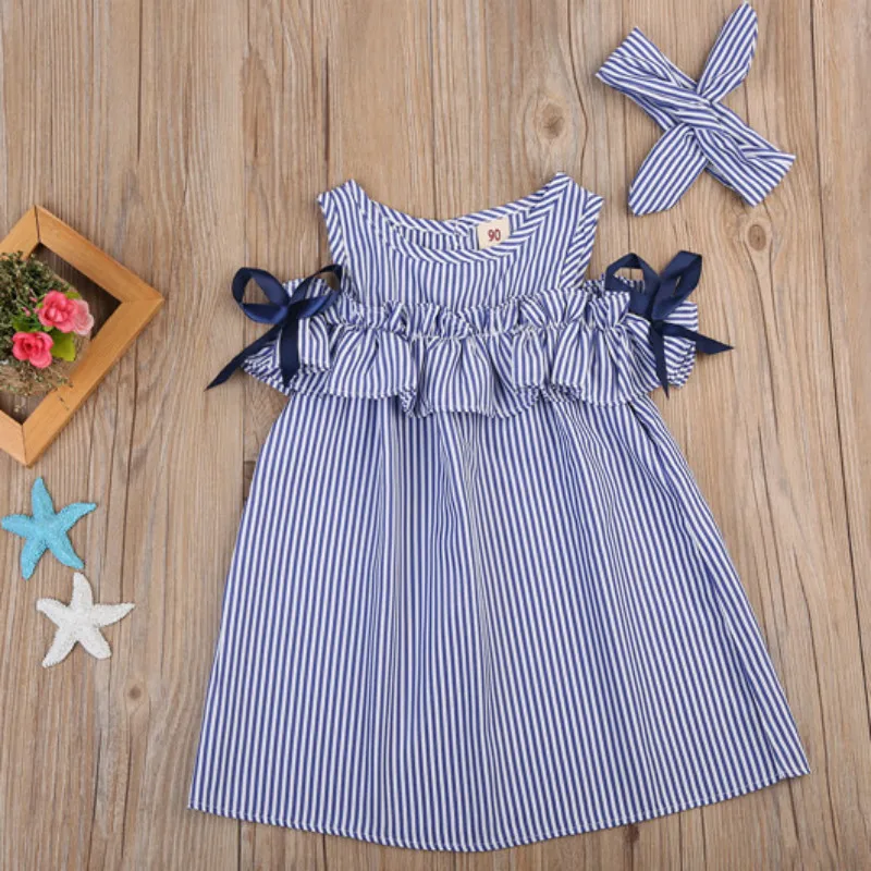 

Hot 2018 New Summer Dress Toddler Kids Baby Girls Lovely Birthday Clothes Blue Striped Off-shoulder Ruffles Party Gown Dresses