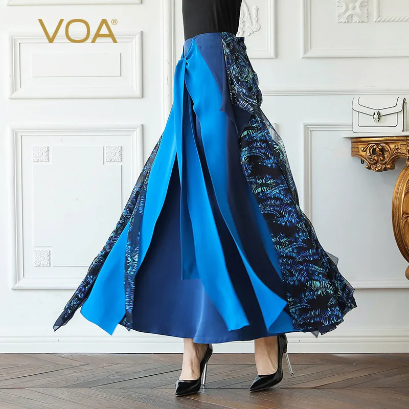 VOA тяжелый шелк A Line Юбки женские макси длинная юбка плюс размер 5XL синий винтажный элегантный Принт Кисточкой клешеные штаны с высокой