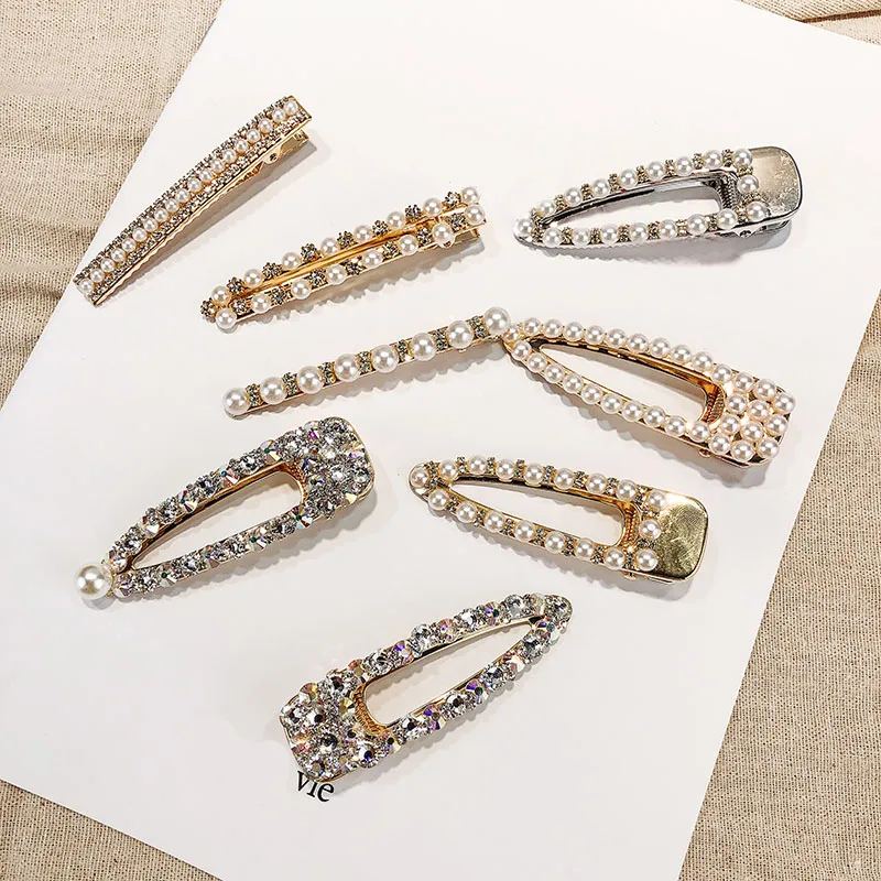 

AOMU Korea Fashion Hair Clips Imitiation Pearl Geometric Rectangle Waterdrop Hairpins Metal Gold Color Hair Accessories