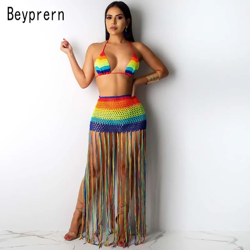 

Beyprern Sexy Rainbow Color Bustier Crop Top And High Waist Crochet Skirt Set Womens Knitted Tassle Fringe Beach Cover-Up Set