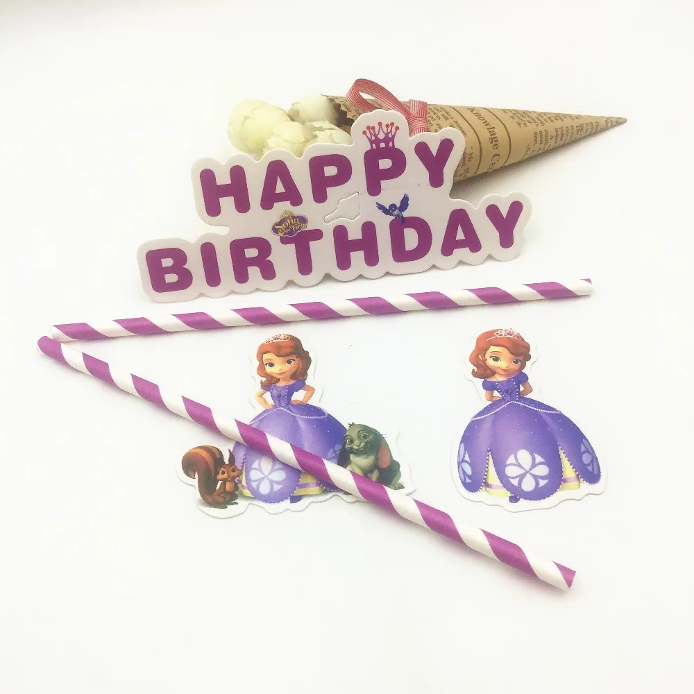 

Sofia Princess Party Supplies Happy Birthday Cupcake Insert Card With Paper Straw Kids Birthday Baby Shower Cake Decoration