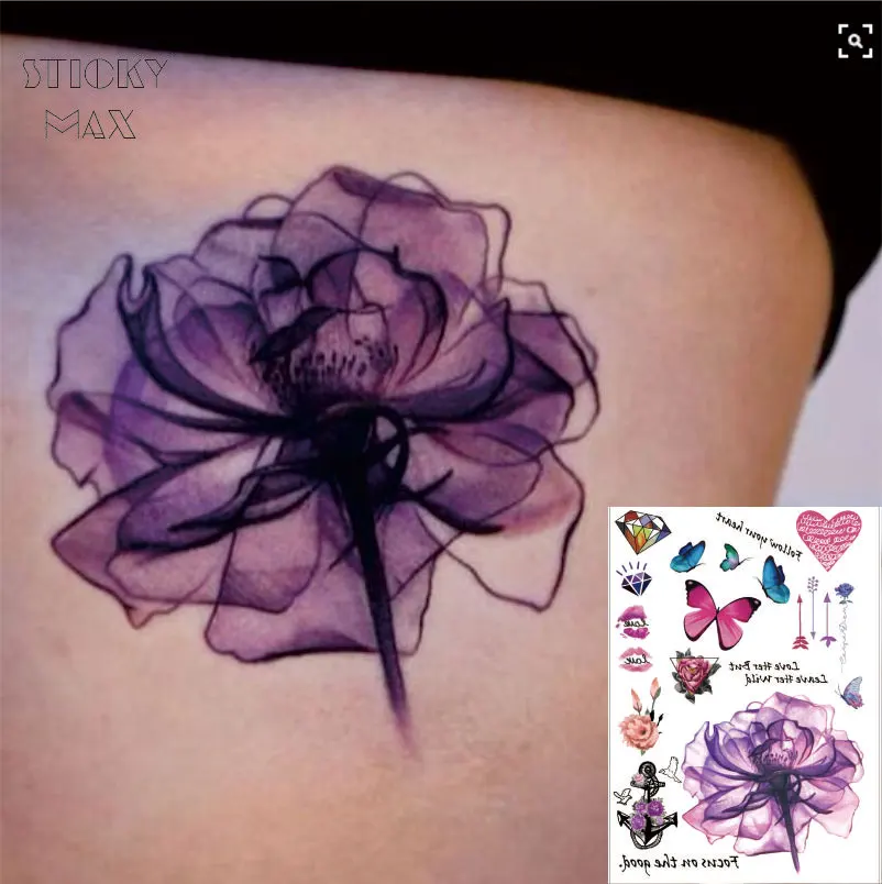 137 25 De Réductionw02 1 Pièce Violet Aquarelle Rêveuse Lotus Sur La Taille Tatouage Temporaire Avec Papillon Coeur Diamant Motif Tatouages In