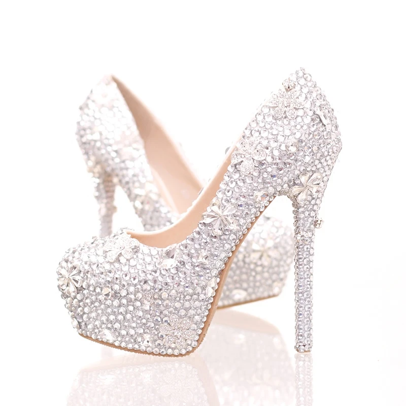 Classic white crystal drill 14 cm round high heels shoes bride shoes