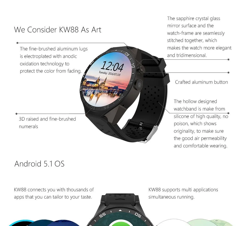 Модные Смарт-часы с bluetooth Kingwear KW88 MTK6580 Поддержка Wi-Fi gps 3g SIM пульсометр анти-потеря Смарт-часы KW88 для IOS Android