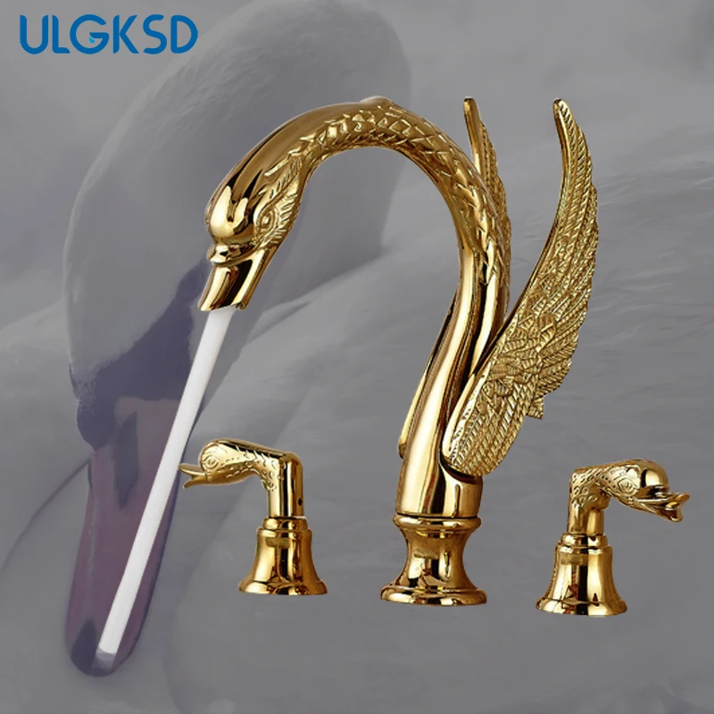 

ULGKSD Bathroom Basin Faucet Gold Swan Luxury Hot and Cold Mixer Tap Dual Handles Deck Support Mixing Faucets