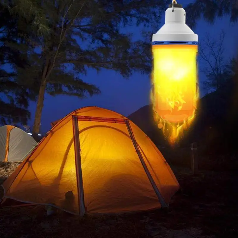 

USB Rechargeable Flame Effect fire Light G-sensor Flame Effect 108LED Blub Tent Light Emergency Lamp for Outdoor Camping Hiking